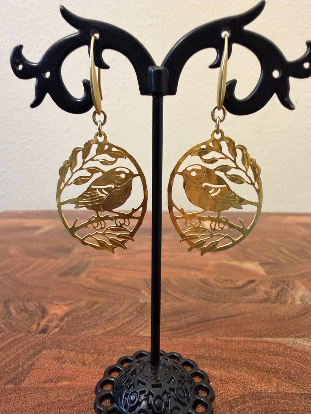 Gold Plated Wild Bird Hammered Cutout Dangle Earrings